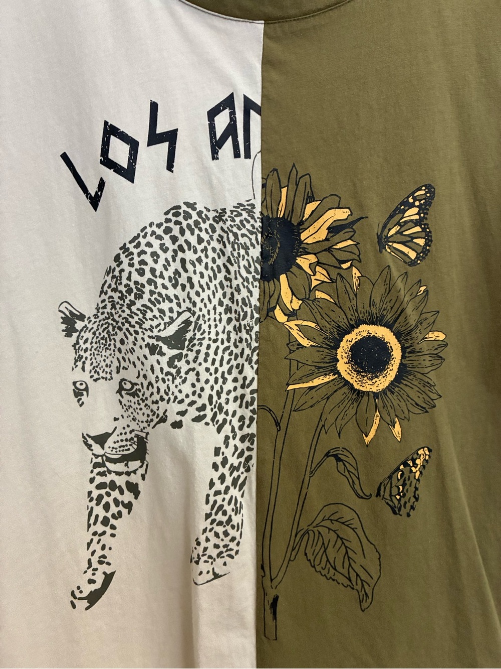Cato Olive & White Colorblock Graphic Tee with Leopard, Flower Size L Edgy
